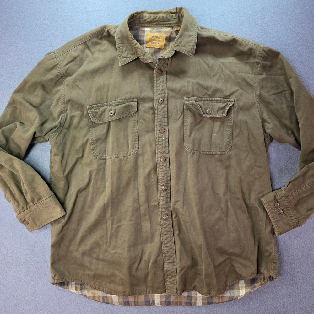 St. Johns Bay Heavyweight Flannel Shirt Mens XL Olive Green Plaid Lined Cotton